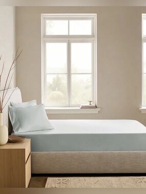 New Quince Organic Crisp Percale Fitted Sheet Set Twin XL Mist (Light Grey Blue)